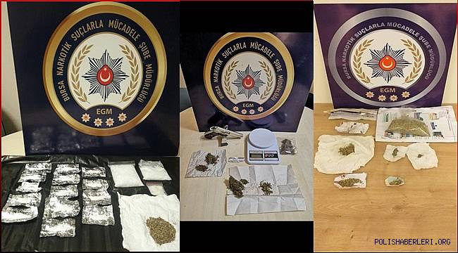 Bursa Narkotik Suçlarla Mücadele Şube Müdürlüğümüz ve Mustafakemalpaşa İlçe Emniyet Müdürlüğümüzce düzenlenen operasyonlarda 41 şahıs yakalandı 
