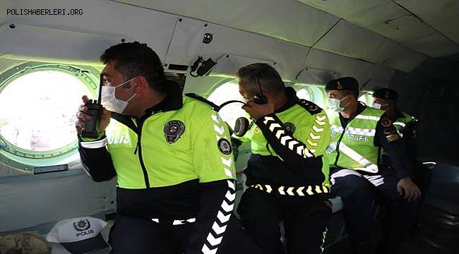 Jandarma ve polis ekipleri helikopterle trafik denetimi yaptı