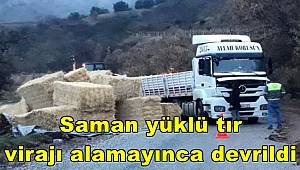 Manisa'da saman yüklü tır virajı alamayınca devrildi