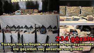 Türkiye'nin en büyük uyuşturucu operasyonunda ele geçirilen suç unsurları sergilendi, 234 gözaltı