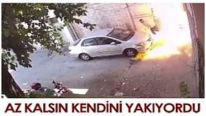 Gaziantep'te motosikleti kundaklarken az kalsın kendini yakıyordu 