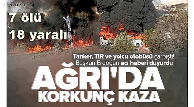 Ağrı'da karşı şeride geçen otobüs, 2 kamyona çarparak yandı