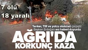 Ağrı'da karşı şeride geçen otobüs, 2 kamyona çarparak yandı