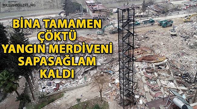 Bina yıkıldı, yangın merdiveni ayakta kaldı