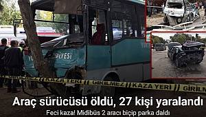 Freni patlayan midibüs 2 aracı biçip parka daldı 