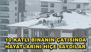 Elazığ'da 10 katlı binanın çatısında tehlikeli kar temizliği 
